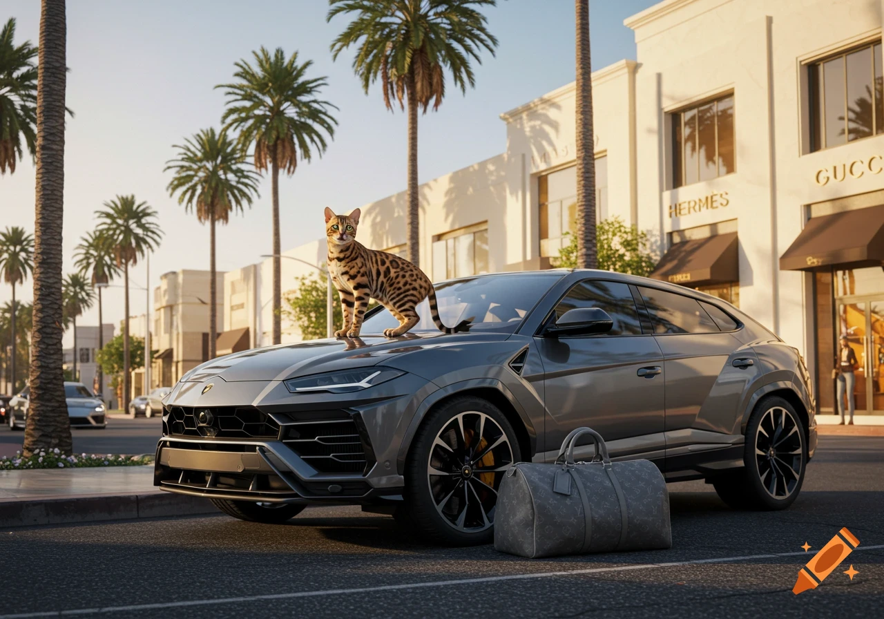 A Bengal cat sits on the hood of a grey Lamborghini Urus next to a Louis Vuitton duffel bag on a sunny Beverly Hills street with palm trees and luxury stores in the background.