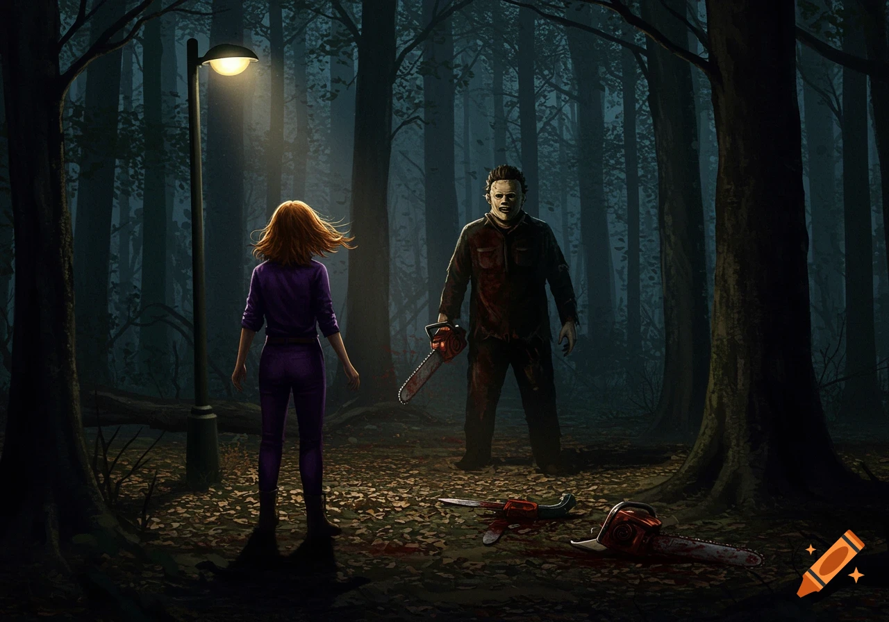 A woman in purple faces Leatherface holding a chainsaw in a dark, moonlit forest, with more chainsaws on the ground.