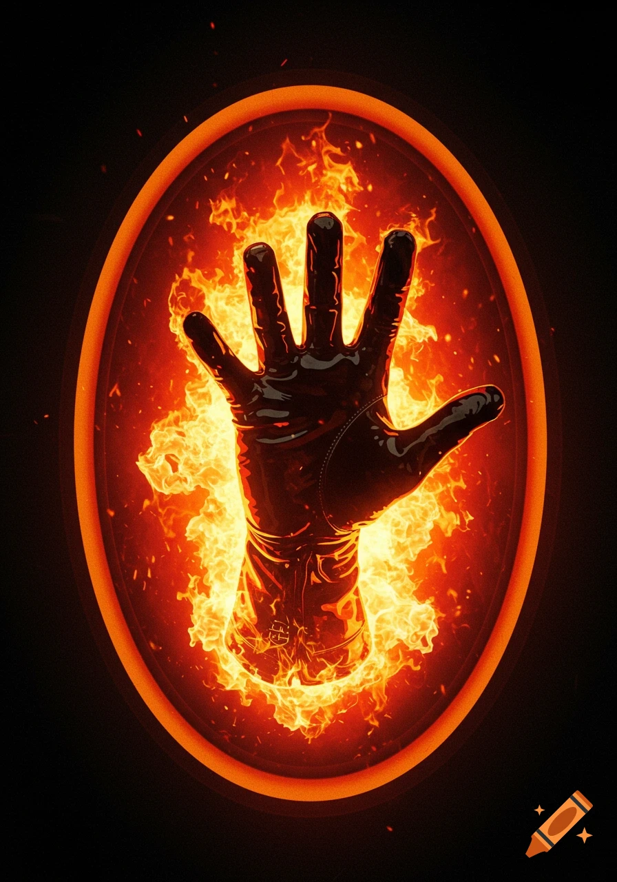 A dark, glossy gloved hand emerges from a fiery, orange-rimmed oval against a black background.