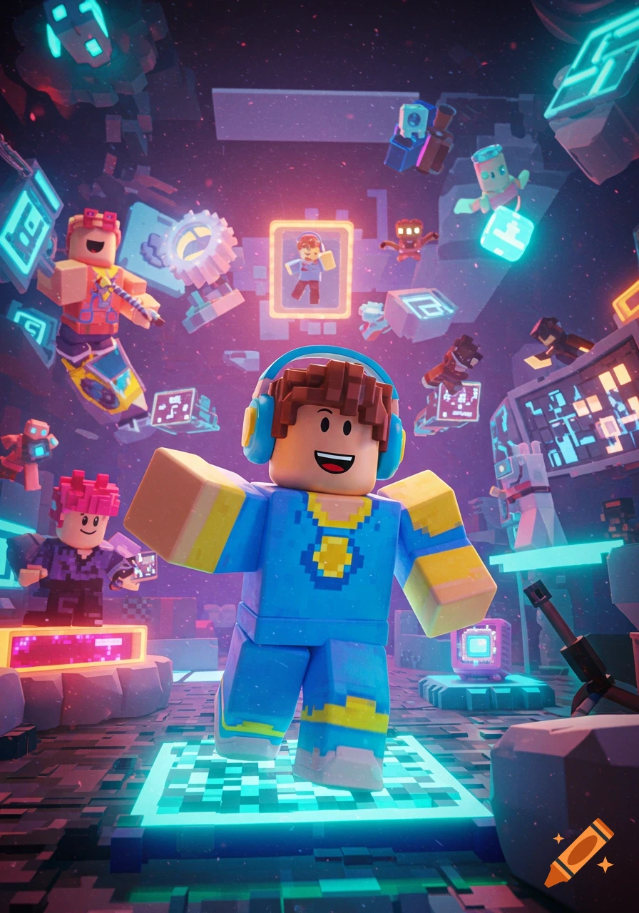 Roblox characters in a vibrant, futuristic digital world with floating structures and neon lights.