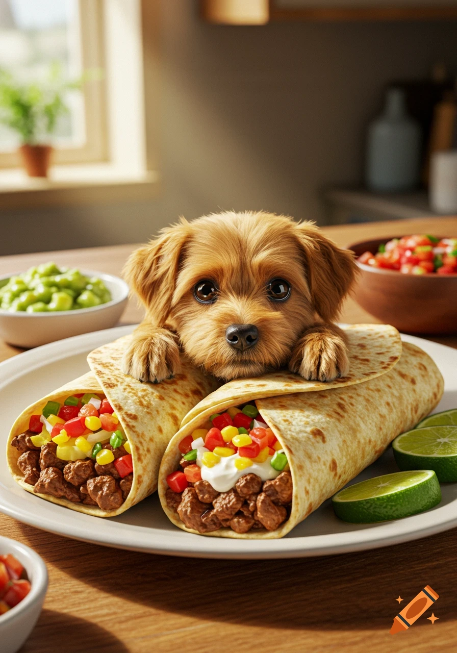A cute brown puppy peeks out from behind two large burritos on a white plate, with limes and other food bowls in the background.