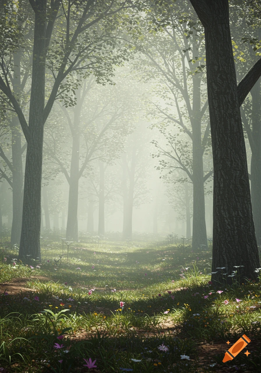 A mystical forest path with tall trees and colorful wildflowers, bathed in a soft, misty light.