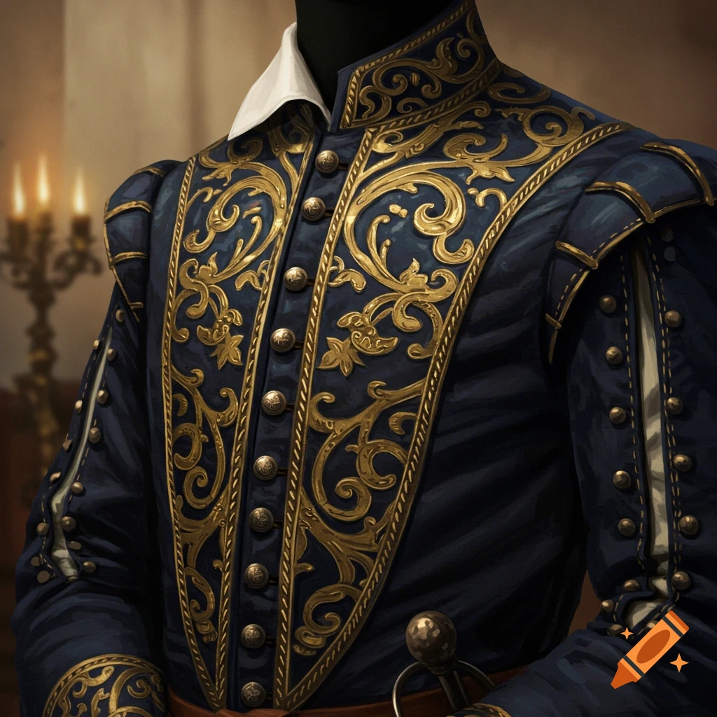 Close-up of a dark blue historical tunic with elaborate gold embroidery and buttons, and a white collar.
