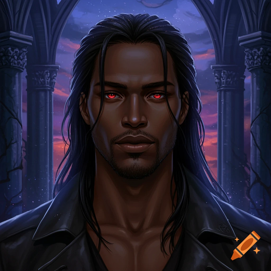 A handsome man with dark skin, long black hair, and red eyes wearing a black jacket, against a gothic archway and twilight sky.