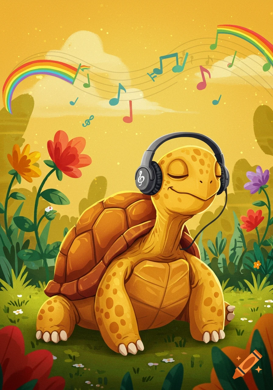 A happy yellow turtle with closed eyes wears headphones and smiles while listening to music. Colorful musical notes float above it, with a rainbow in the background and flowers in the foreground.