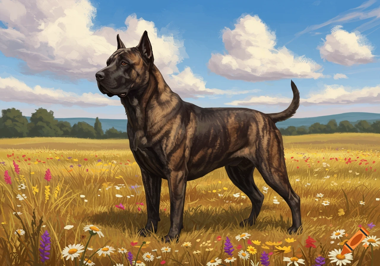 Brindle dog standing in a sunlit field of colorful wildflowers under a blue sky with clouds, illustration.