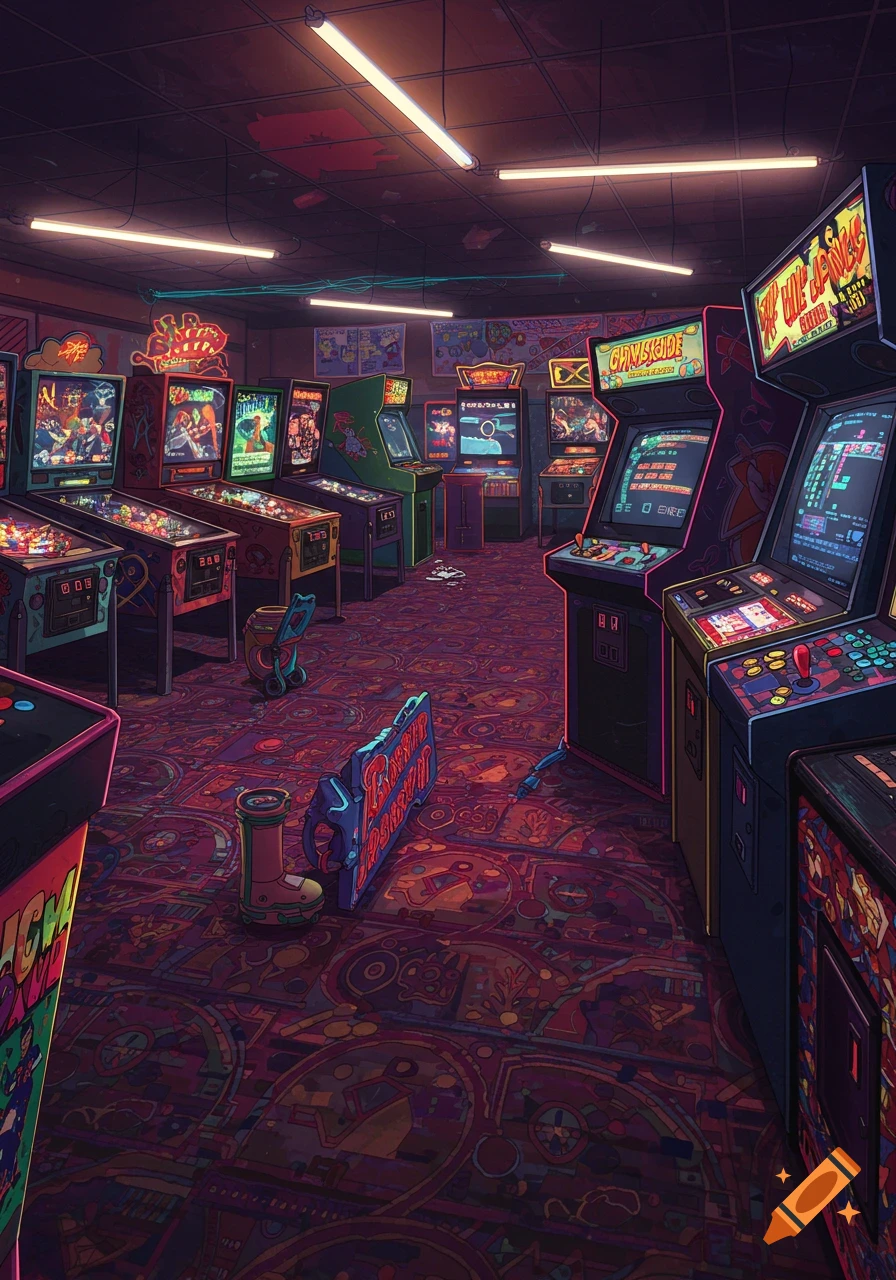 A colorful, stylized illustration of a retro 90s arcade with numerous arcade machines, pinball machines, and neon signs.