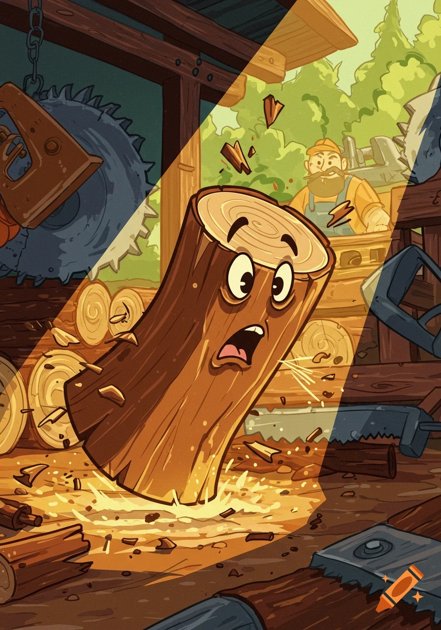 A frightened cartoon wood log is being cut by a large saw in a sawmill, with a lumberjack looking on.