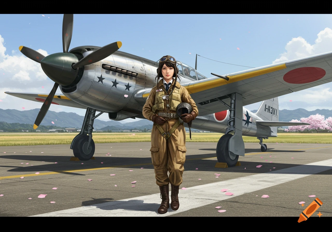 A female Japanese pilot in uniform stands in front of a Ki-84 fighter plane on an airfield with cherry blossoms.