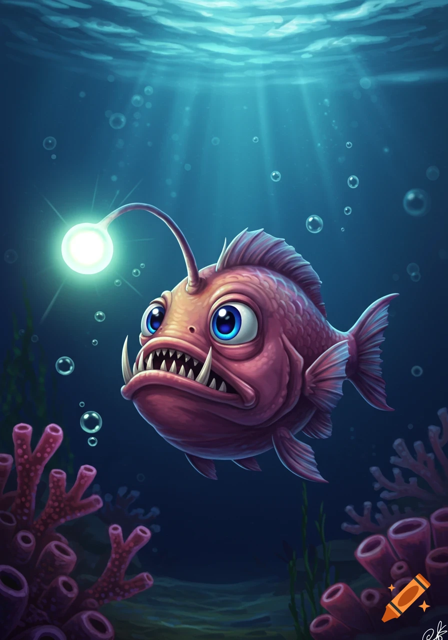 A cartoon anglerfish with big blue eyes and sharp teeth illuminates the dark blue underwater with its glowing lure.