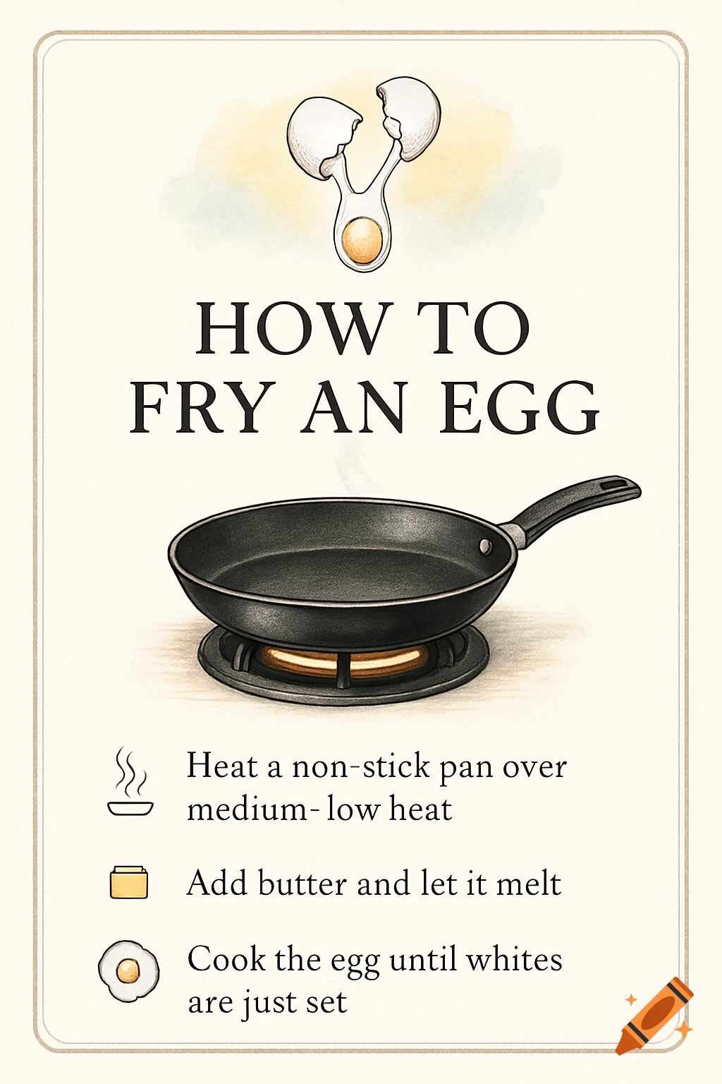 An illustrated info card detailing how to fry an egg, showing a cracked egg, a frying pan on a burner, and three steps of instructions with accompanying icons.