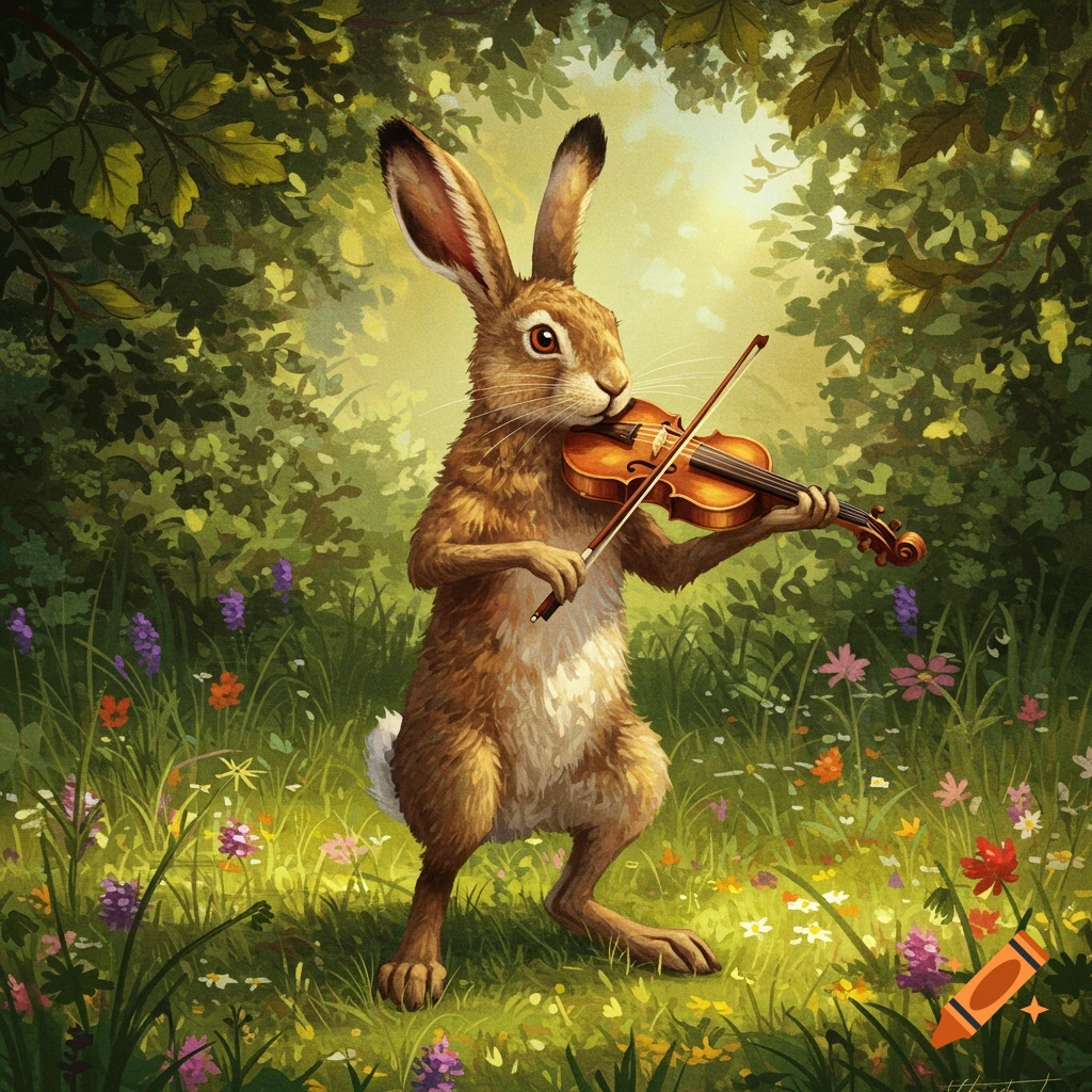 A brown hare plays a violin in a sunlit, wildflower-filled forest, rendered in an illustrative style.
