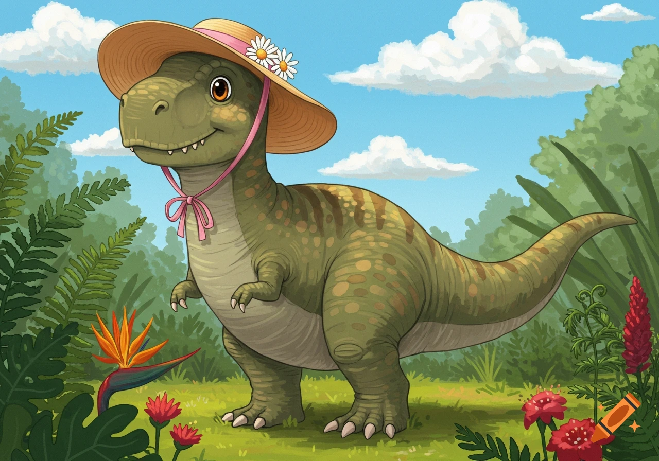 A cute cartoon dinosaur wearing a straw hat with a pink ribbon and daisy flowers, standing in a lush green jungle.