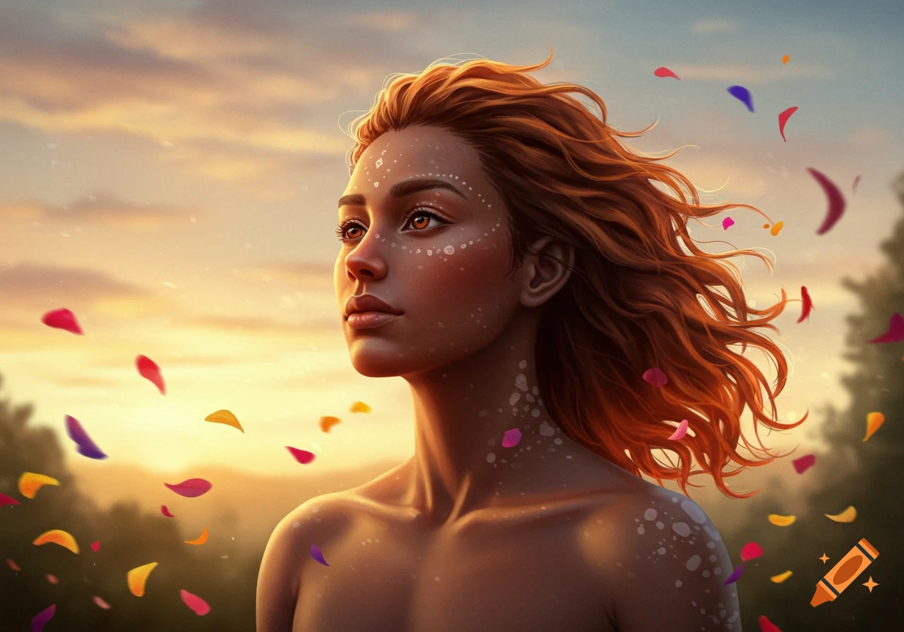 Digital painting of a woman with reddish-brown hair and white facial dots, looking up against a sunset sky with falling petals.