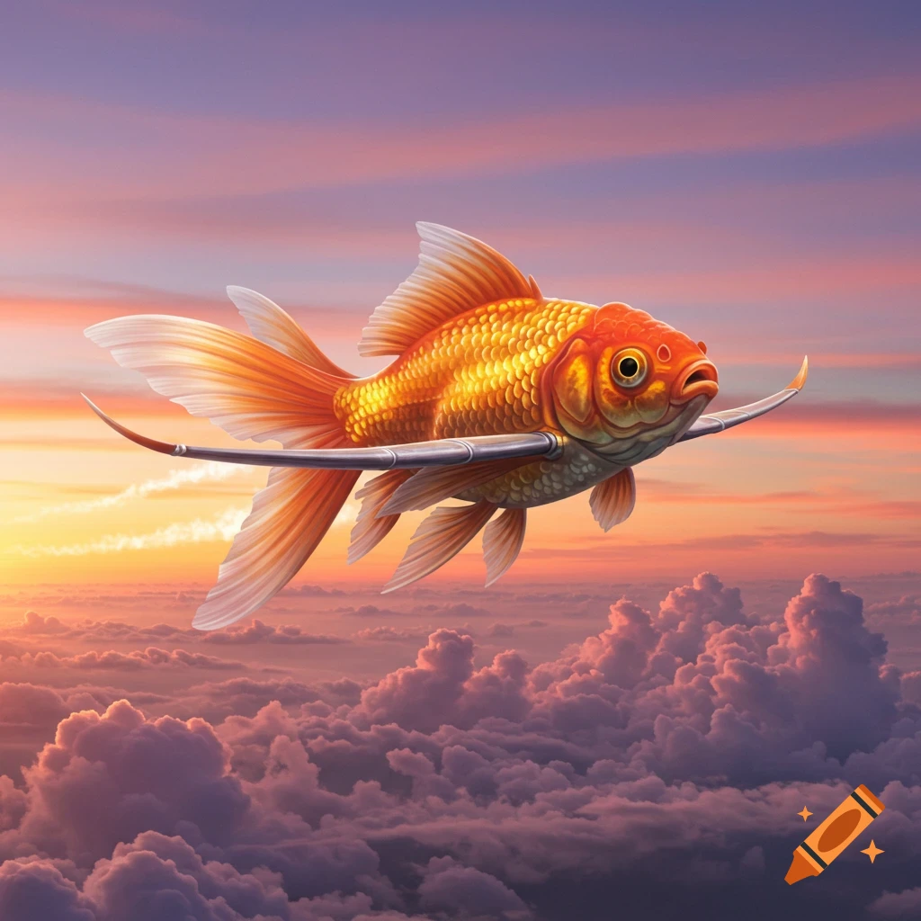 A vibrant golden goldfish with metallic plane wings flies through a pink and orange sunset sky above fluffy purple clouds.