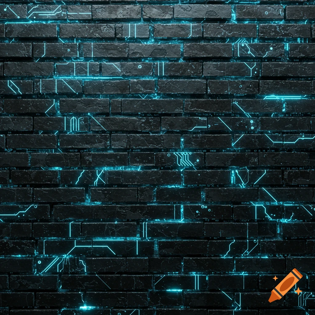 A dark brick wall with glowing blue, intricate circuit board patterns running across its surface.