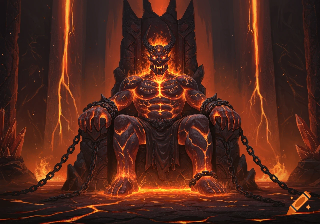 A demonic fiery giant with glowing cracks on its body, chained to a dark throne amidst a lava-filled underworld.