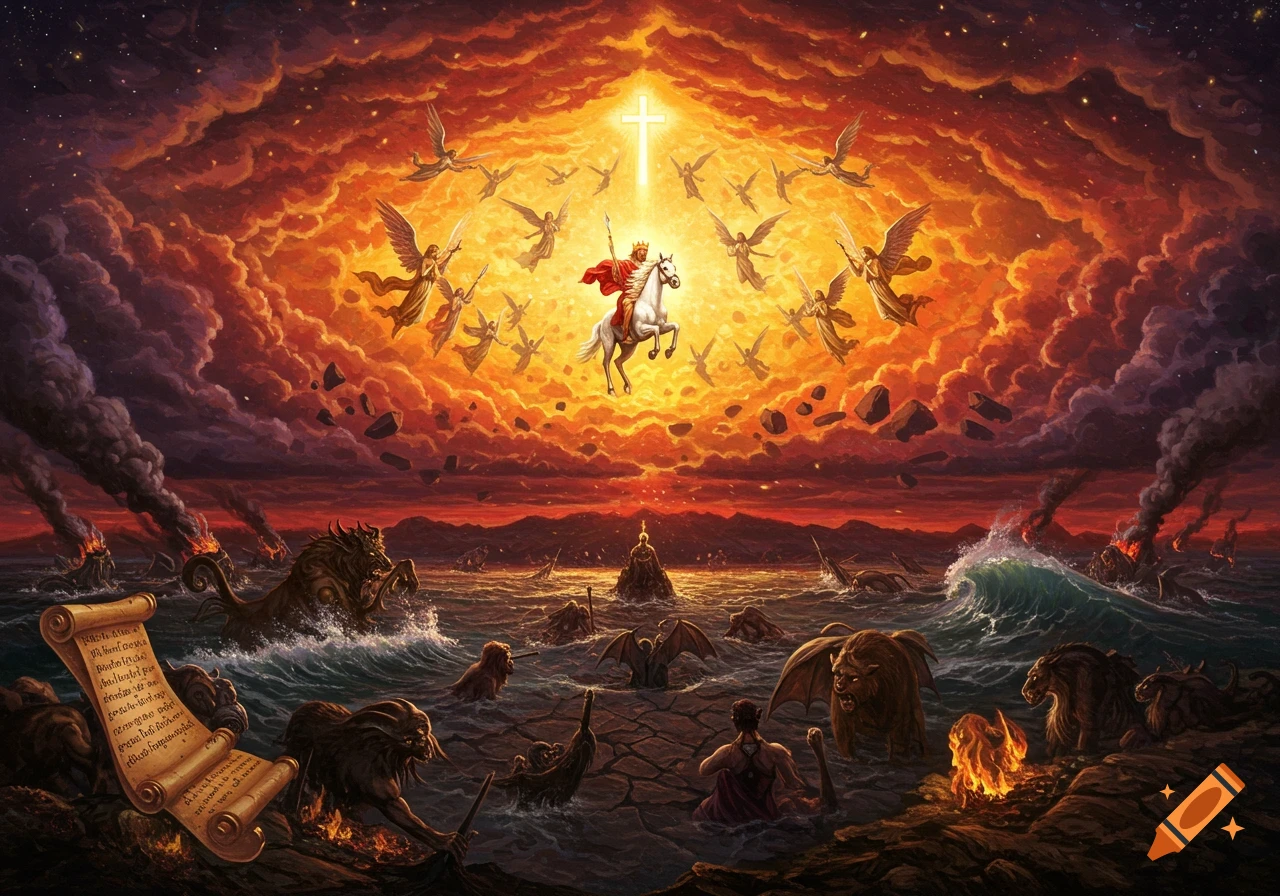 Epic biblical scene of judgment day with a rider on a white horse, angels in fiery clouds, and mythical beasts from the sea.