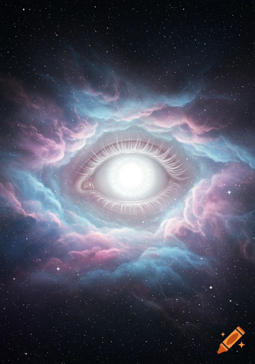 A glowing white eye surrounded by colorful pink and blue nebulas in a starry space background.