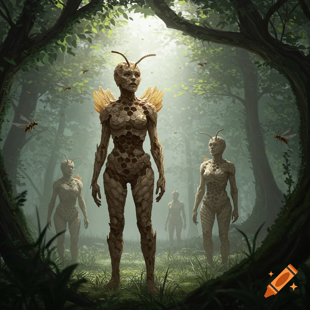 Photorealistic fantasy art of human-like figures with wasp nest bodies, antennae, and wings standing in a lush, misty forest.