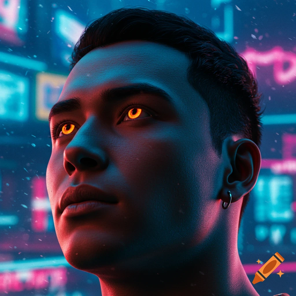 Close-up portrait of a man with glowing orange eyes in a neon-lit cyberpunk city.