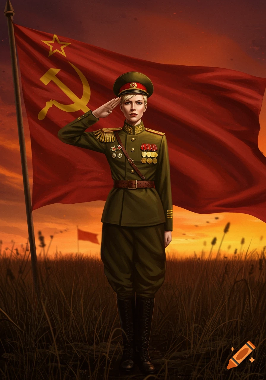 A blonde female commander in a green Soviet military uniform salutes in a field with a large red Soviet flag behind her at sunset.