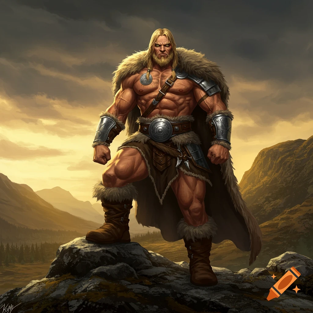 A massive, muscular barbarian man with blonde hair and a fur cloak stands on a rocky mountain peak at sunset.
