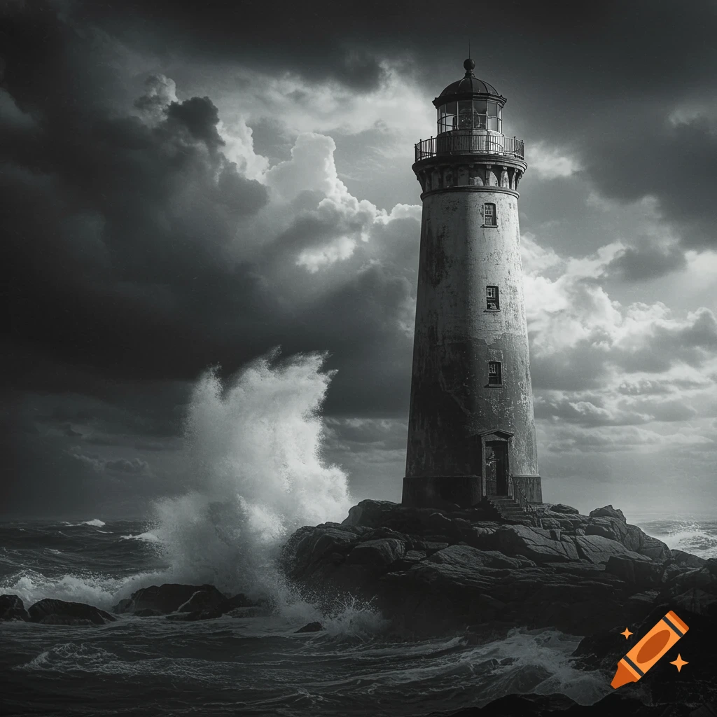 A tall lighthouse stands on rocky shore as huge waves crash against it under a dark, stormy sky in black and white.