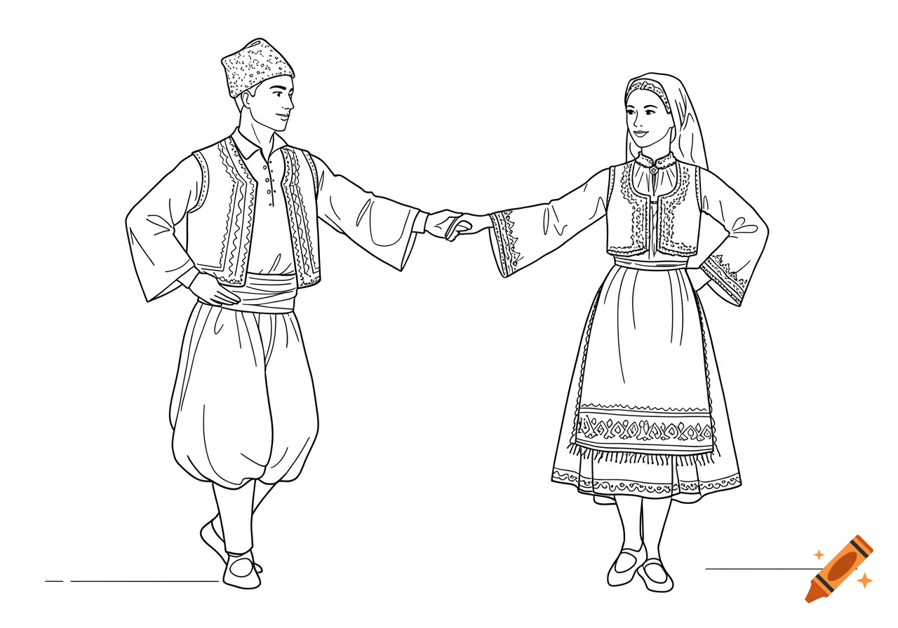 A simple line drawing of a male and female Serbian folk dancer in traditional costume, holding hands, on a white background.