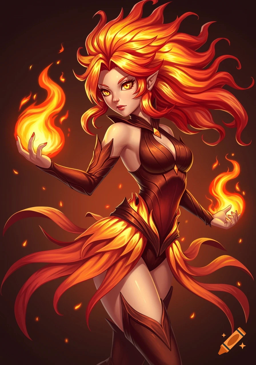 Dynamic anime female character with long fiery hair and glowing eyes, wearing a flame-inspired outfit and conjuring fire.