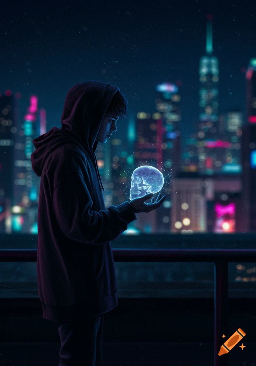A hooded figure stands on a rooftop at night, holding a glowing blue skull with a neon city skyline blurred in the background, in a cinematic illustration style.