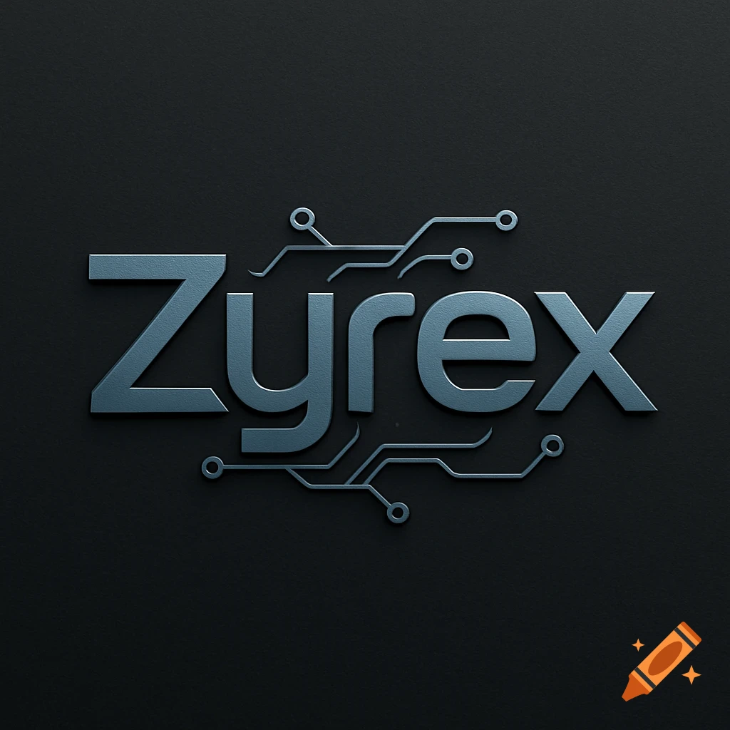 A logo for Zyrex with metallic text and circuit board patterns on a dark background.
