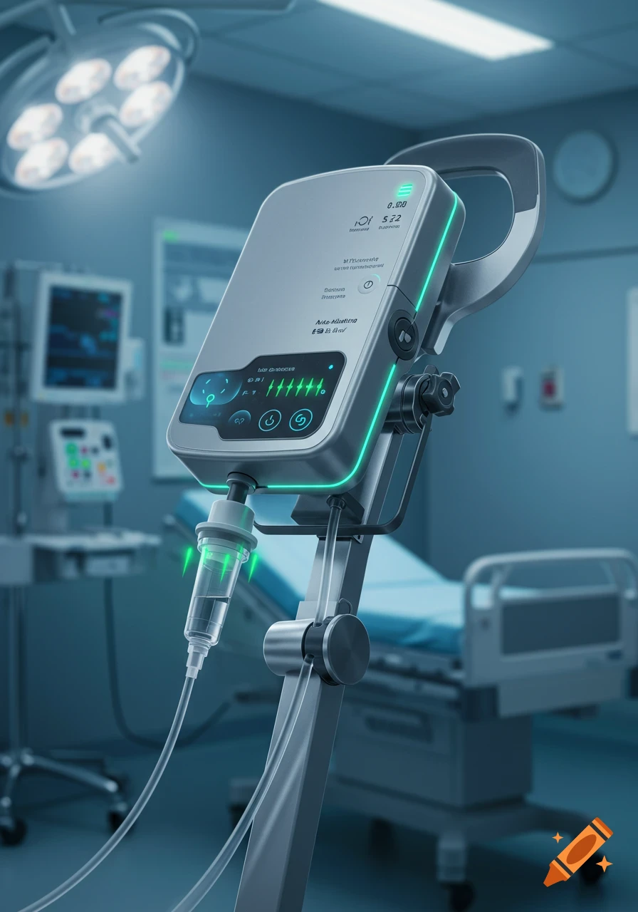Modern medical device with glowing green lights and an IV drip, set in a blurred hospital operating room with a surgical light and bed.