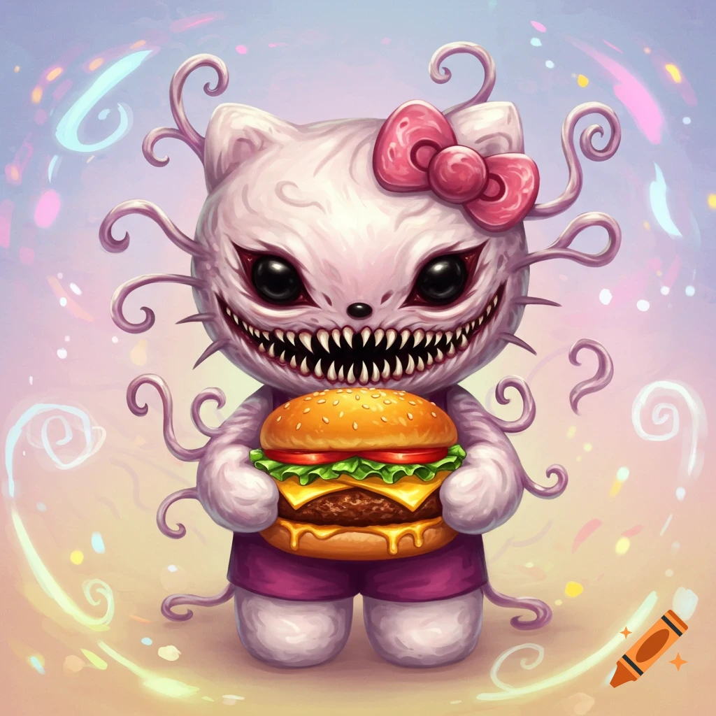 A grotesque, multi-eyed Hello Kitty with sharp teeth and tentacles holds a large burger. The illustration has a creepy, cartoonish style against a pastel background.
