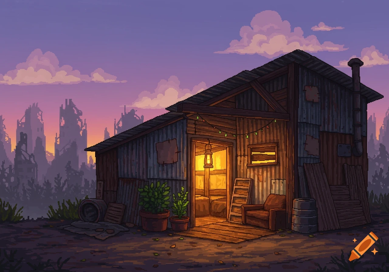 Pixel art of a cozy, lit corrugated metal shelter in a post-apocalyptic landscape at dusk.