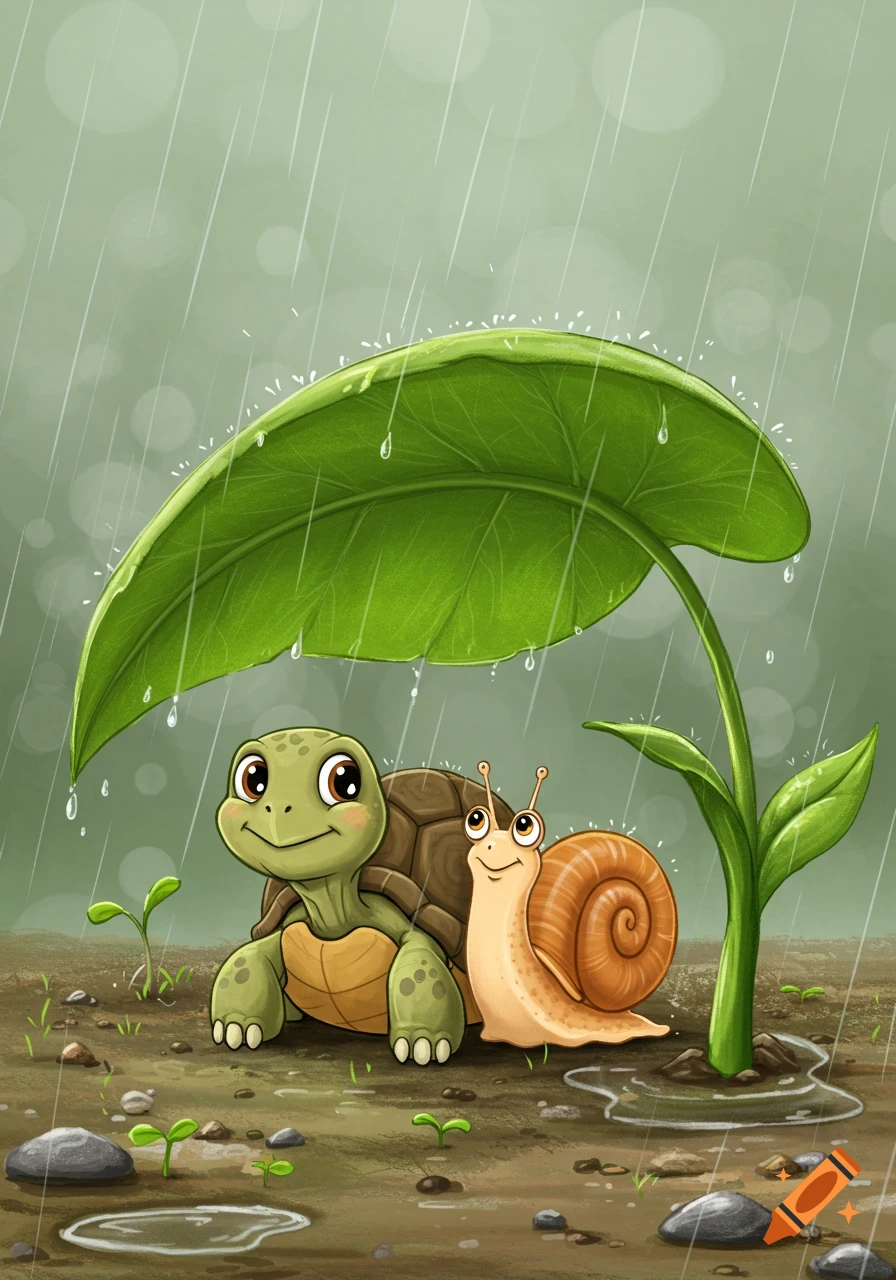 A cartoon turtle and snail smile as they shelter from the rain under a large green leaf.
