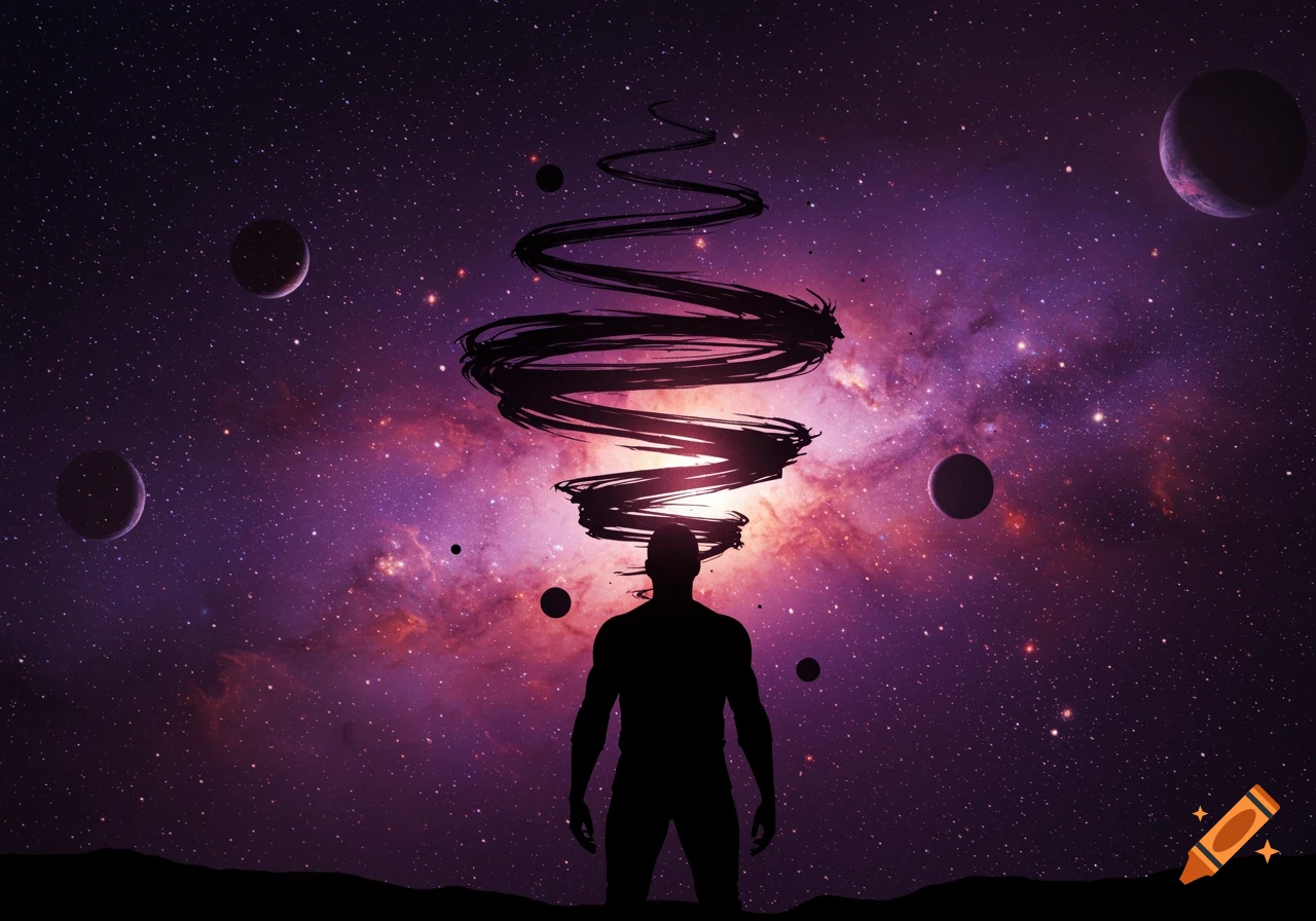 A silhouette of a person with a dark vortex rising from their head, against a vibrant purple and red starry galaxy with planets.