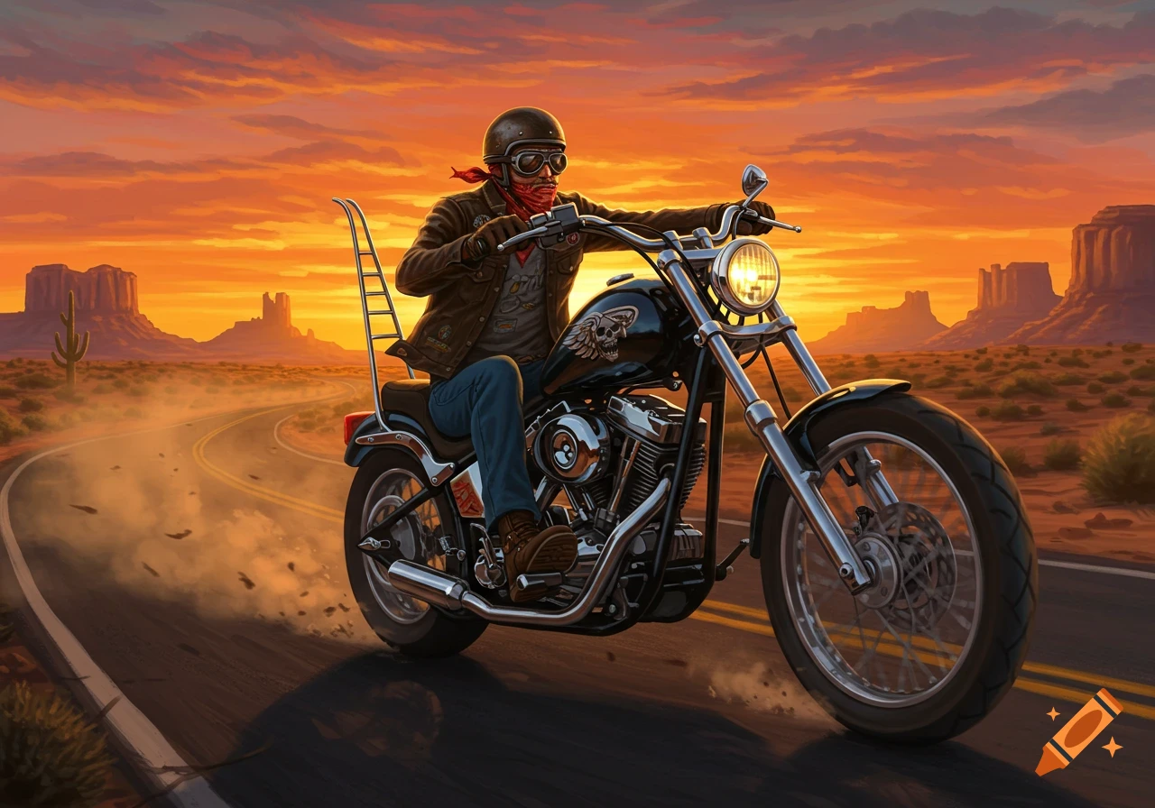 An artistic illustration of a biker on a motorcycle riding a desert road at sunset.