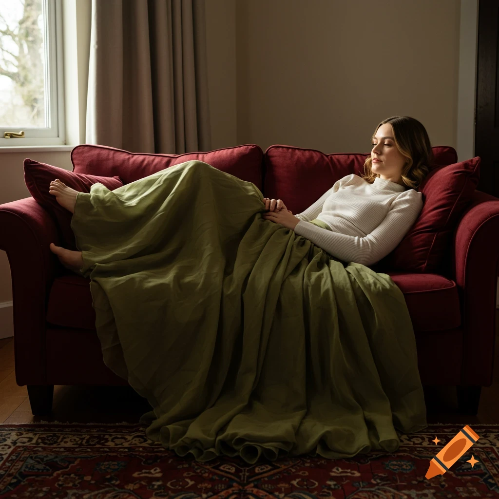 A woman in a long green skirt and white top reclines on a red sofa, bathed in soft light from a window.