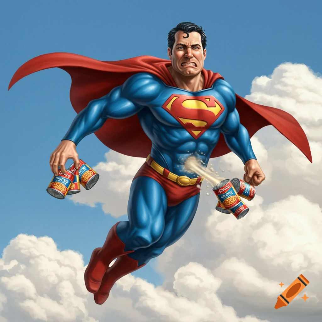 Superman with a pained expression flies through the sky, propelled by flatulence, while holding cans of beans.
