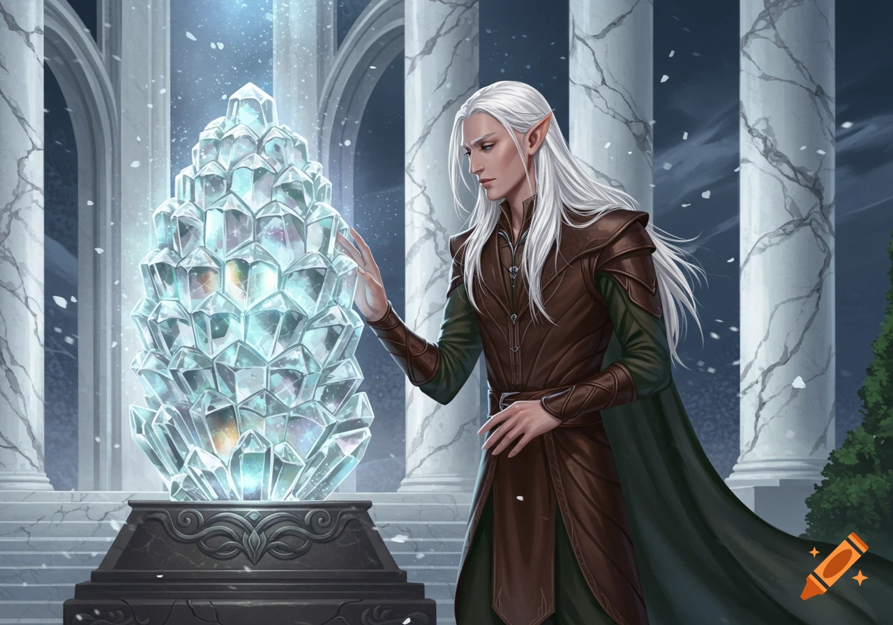 A white-haired male elf in a brown leather vest touches a large, glowing crystal in a white marble temple setting.