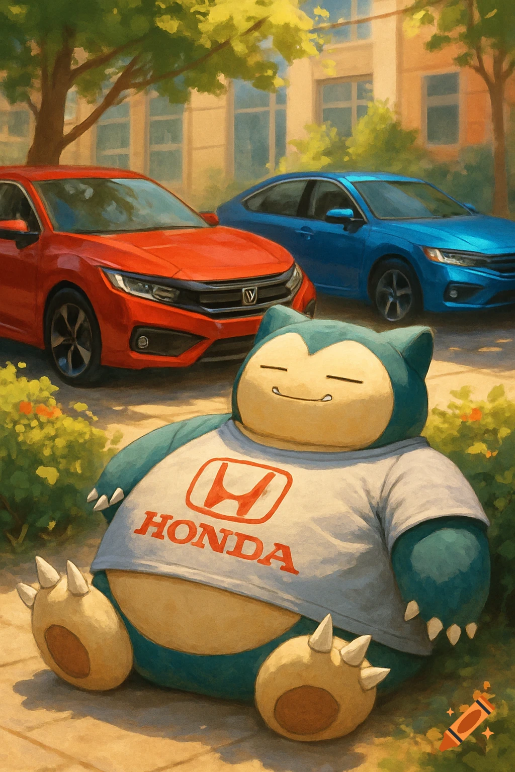 A stylized painting of Snorlax in a white Honda t-shirt, sitting on the ground in front of a red and a blue Honda Civic car, with a building and trees in the background.