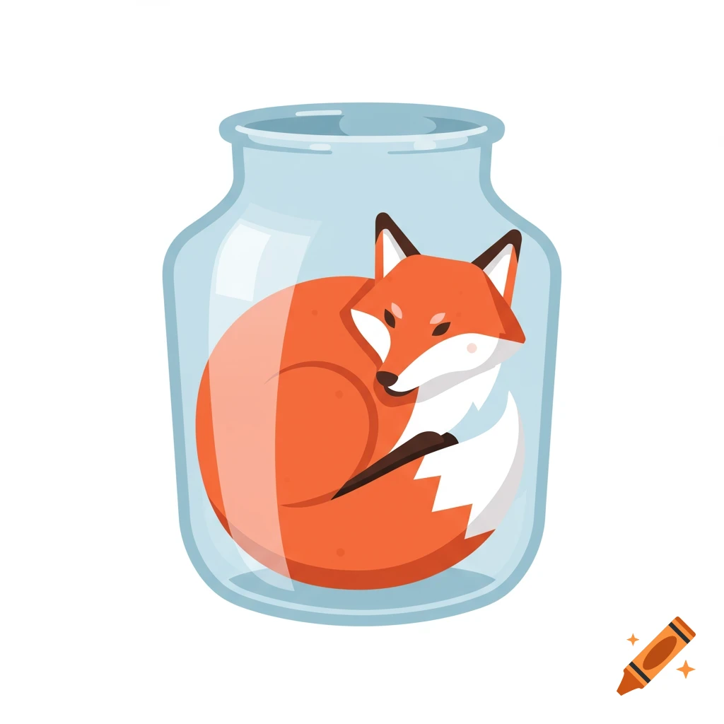 Stylized illustration of an orange fox curled inside a clear glass jar.