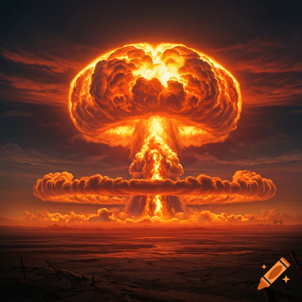 A massive, fiery nuclear explosion forms a mushroom cloud over a desolate landscape under a dark, orange-red sky.