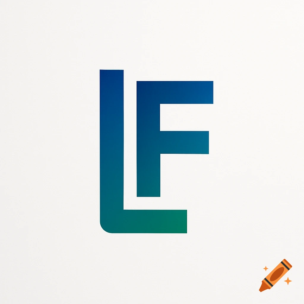 A minimalist logo with a blue and green gradient 'L' and 'F' fused vertically on a white background.