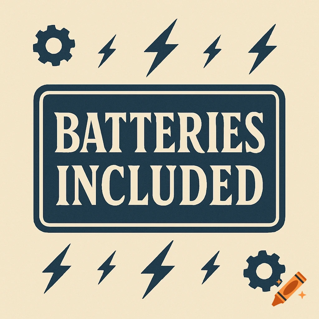 A dark blue rectangular label with white text "BATTERIES INCLUDED" bordered by white lightning bolt and gear icons on a cream background.