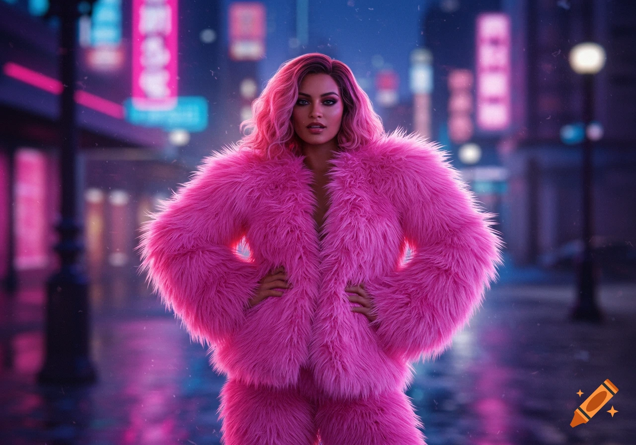 A woman in a vibrant pink fur suit stands on a neon-lit city street at night, with blurred urban lights in the background.