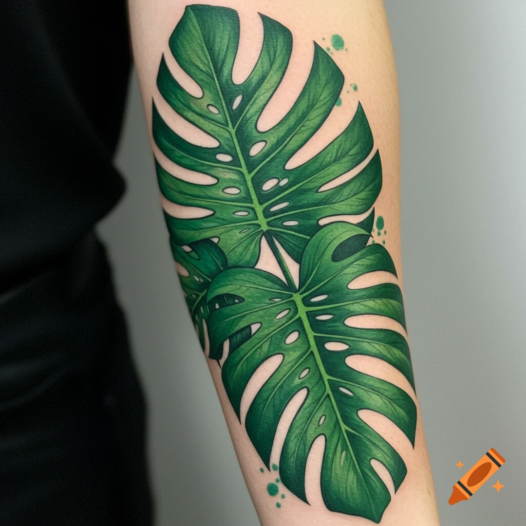 A vibrant green monstera leaf tattoo on an arm, with a realistic and detailed style.