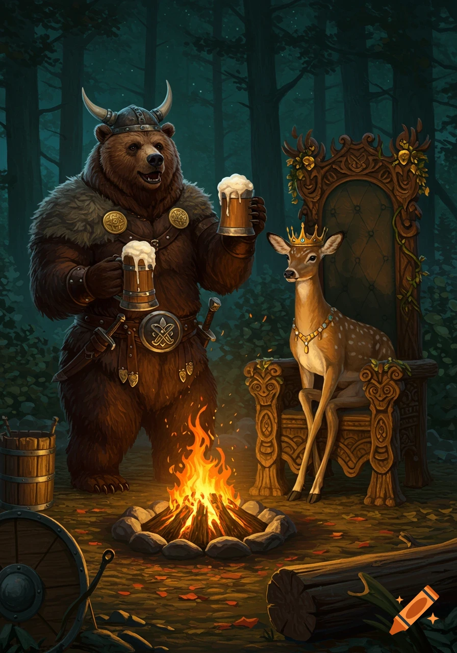 A Viking bear raises a beer mug, saluting a crowned doe seated on an ornate throne next to a campfire in a dark forest. Fantasy illustration.