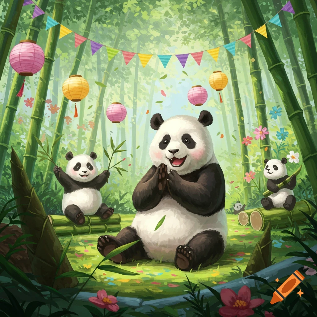 Three cute pandas celebrating in a bamboo forest with colorful lanterns and banners.